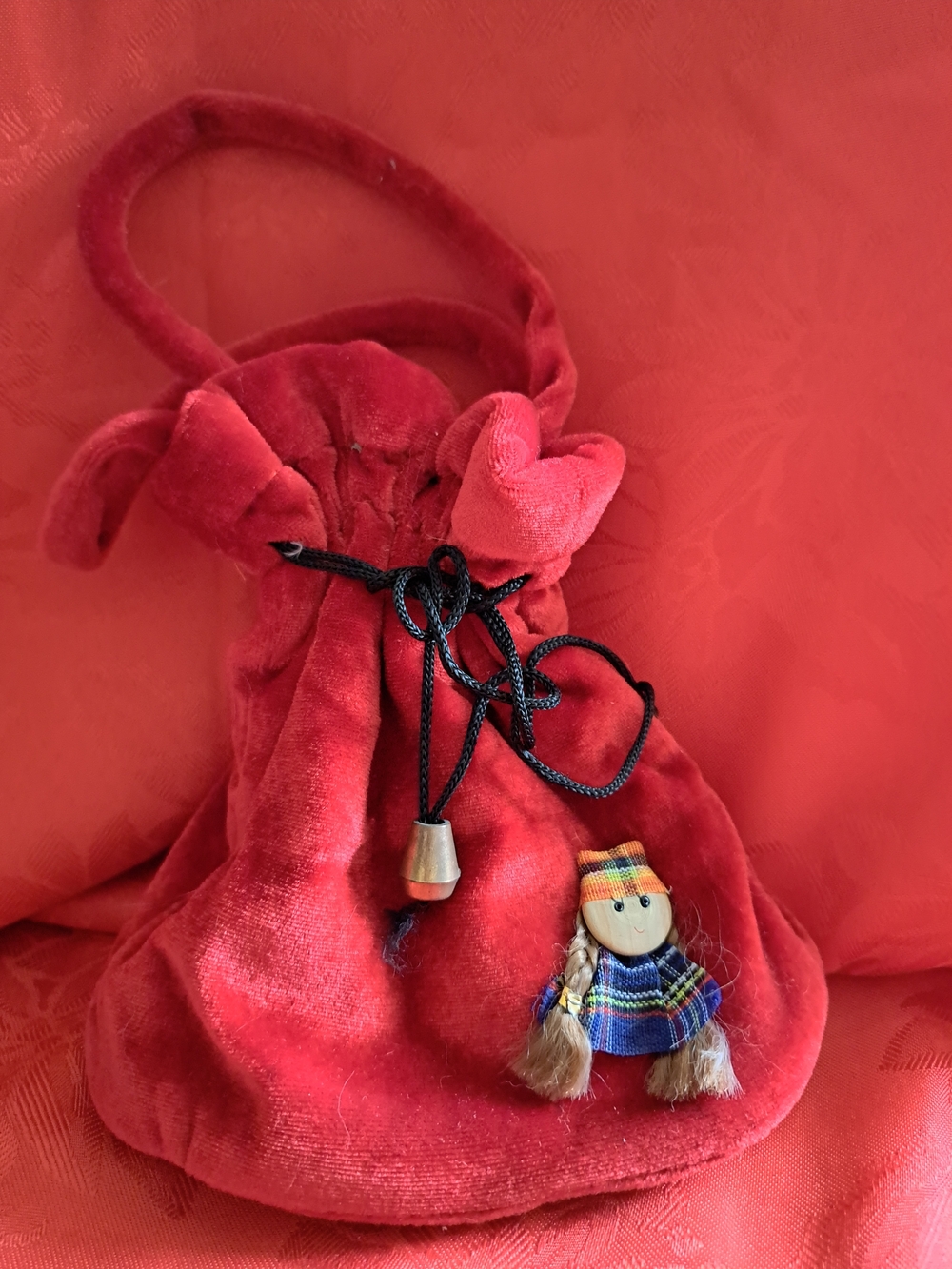 Red Velvet Drawstring Kids Bag with Doll Charm